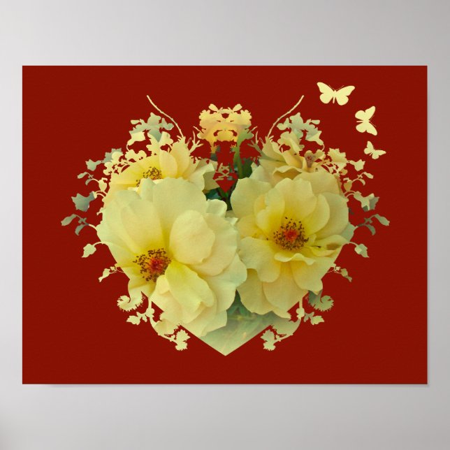 Yellow Roses Heart on Red Poster (Front)