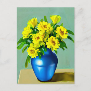 Yellow Roses in a Blue Vase Boho Art Postcard