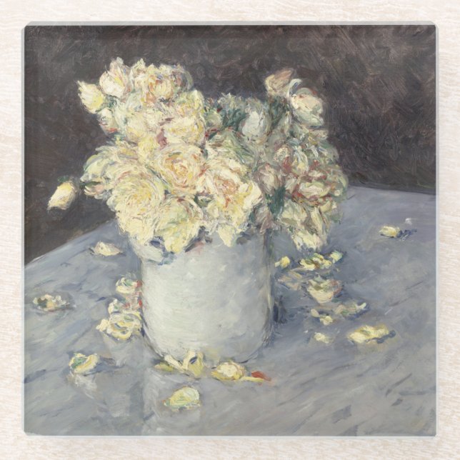 Yellow Roses in a Vase by Caillebott Impressionist Glass Coaster (Front)