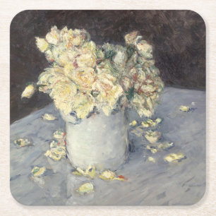 Yellow Roses in a Vase by Caillebott Impressionist Square Paper Coaster