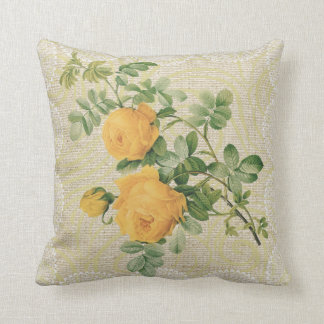 Yellow roses & lace floral vintage pillow
