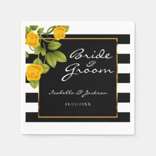 Yellow Roses on Black and White Stripes Napkin