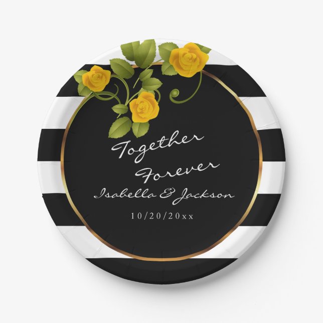 Yellow Roses on Black and White Stripes Paper Plate (Front)