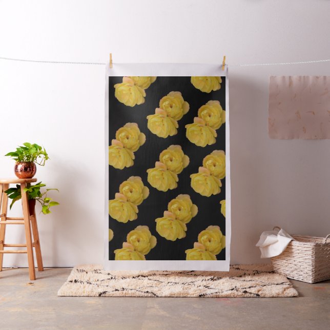 Yellow Roses On Black Background, Cotton Material Fabric (In Situ)