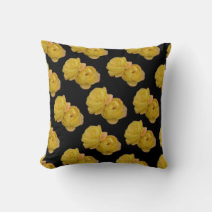 Yellow Roses On Black Throw Cushion. Pillow