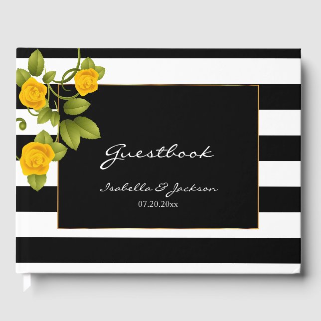 ⭐ Yellow Roses on Black & White Stripes Guest Book (Front)
