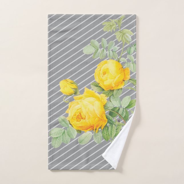 Yellow Roses on Grey Stripes Hand Towel (Hand Towel)
