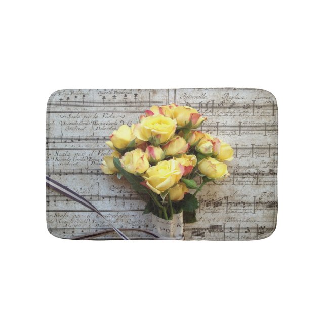 Yellow roses on old music bath mat (Front)