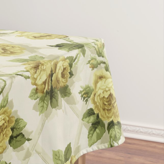 Yellow Roses on Trellis Floral Pattern Tablecloth (In Situ)