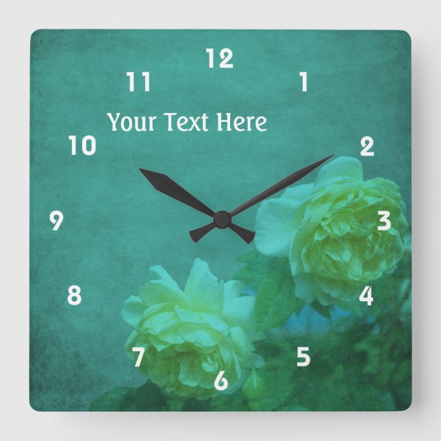 Yellow Roses On Turquoise Personalized Square Wall Clock (Front)