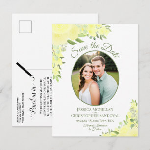 Yellow Roses Oval Photo Boho Wedding Save the Date Announcement Postcard