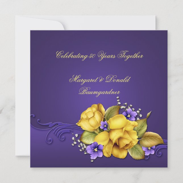 Yellow Roses Purple Violets 50th Anniversary Invitation (Front)