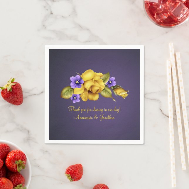Yellow Roses Purple Violets 50th Anniversary Party Napkin (Insitu)