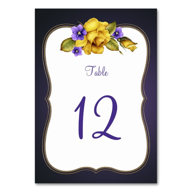 Yellow Roses Purple Violets Gold Frame Table Numbe Table Number (Front)