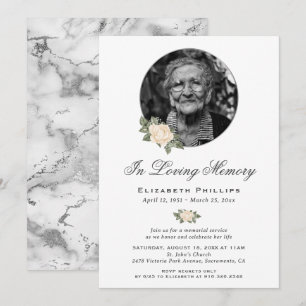 Yellow Roses Silver Marble Photo Memorial Funeral Invitation