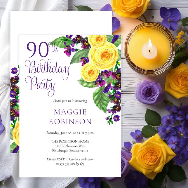 Yellow Roses Violet 90th Wedding Birthday Party Invitation (Elegant Yellow Roses and Purple Violets Floral 90th Birthday Party Invitation - Print | Digital)