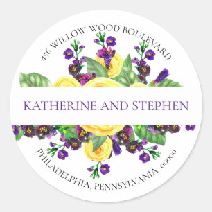 Yellow Roses   Violets Boho Floral Return Address  Classic Round Sticker