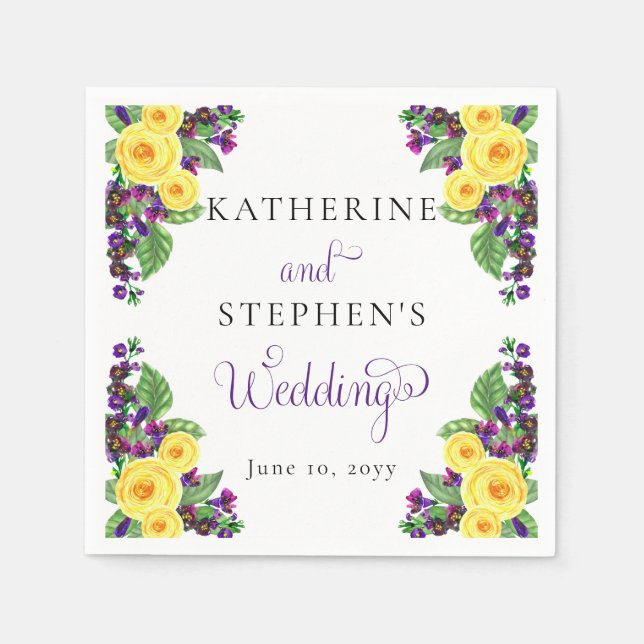Yellow Roses | Violets Boho Floral Wedding Napkin (Front)