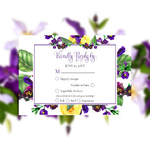Yellow Roses  Violets Boho Floral Wedding RSVP Card