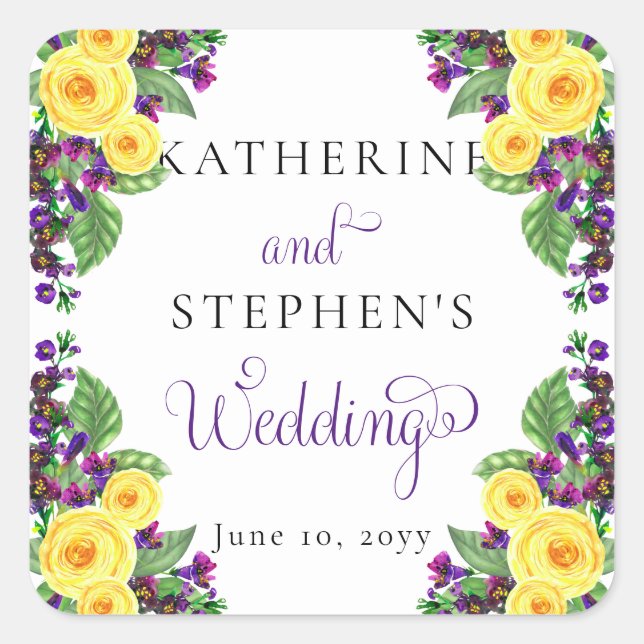 Yellow Roses | Violets Boho Floral Wedding Square Sticker (Front)