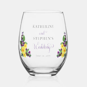 Yellow Roses   Violets Boho Floral Wedding Stemless Wine Glass