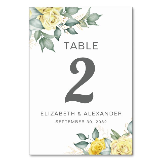 Yellow roses watercolor floral romantic wedding table number (Front)
