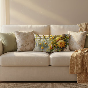 Yellow Roses Watercolor Garden Lumbar Pillow