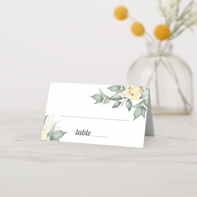 Yellow roses watercolor romantic modern floral place card (Front)