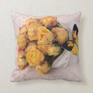 Yellow roses with butterfly throw pillow