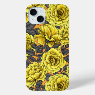 Yellow roses with grey leaves on orange iPhone 15 mini case