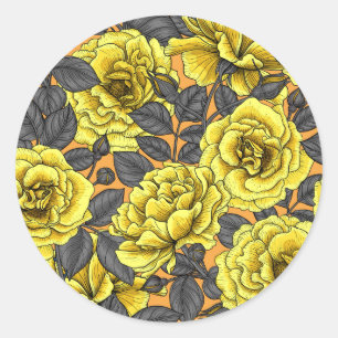 Yellow roses with grey leaves on orange classic round sticker