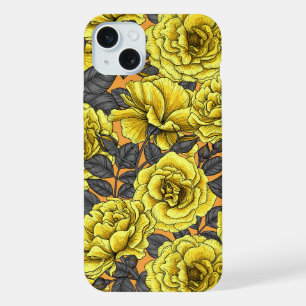 Yellow roses with grey leaves on orange iPhone 15 plus case