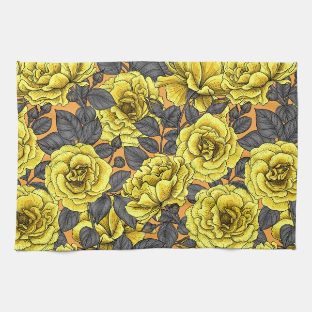 Yellow roses with grey leaves on orange kitchen towel (Horizontal)