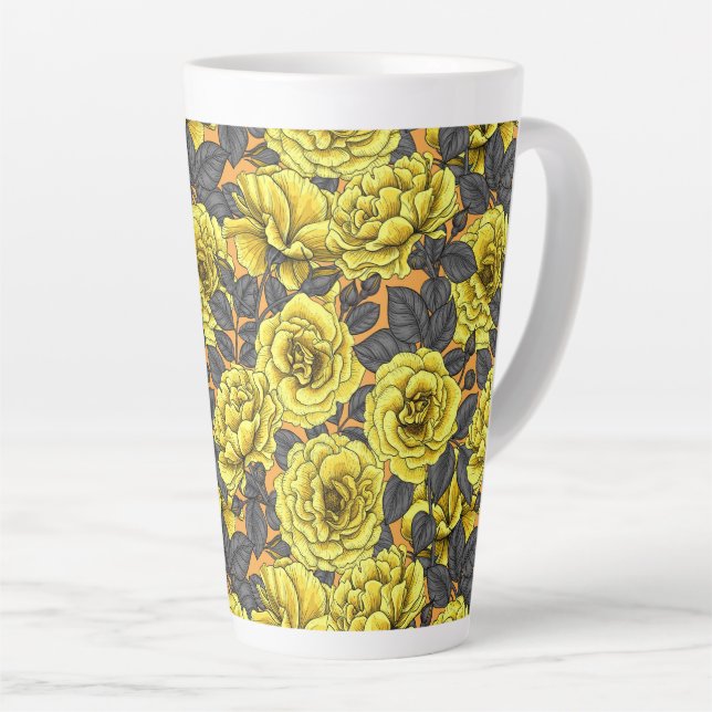 Yellow roses with grey leaves on orange latte mug (Right Angle)