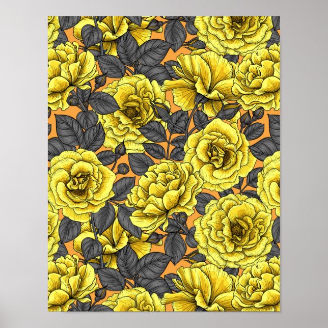 Yellow roses with grey leaves on orange poster (Front)