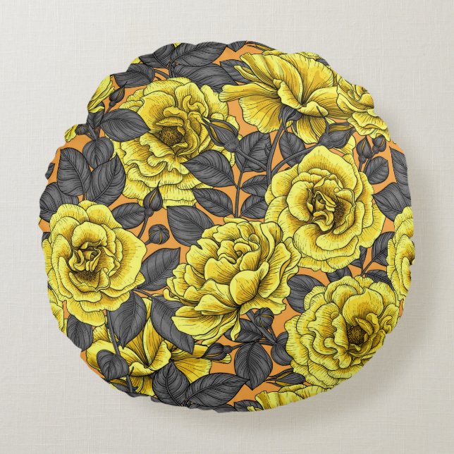Yellow roses with grey leaves on orange round pillow (Front)
