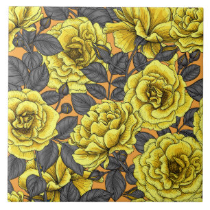 Yellow roses with grey leaves on orange tile