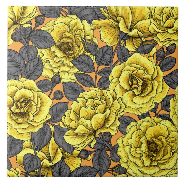 Yellow roses with grey leaves on orange tile (Front)