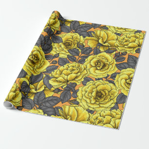 Yellow roses with grey leaves on orange wrapping paper