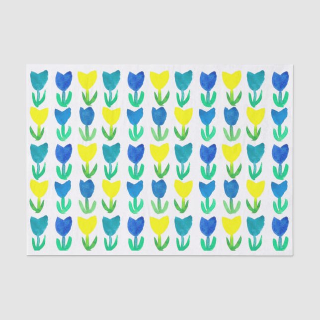 Yellow Royal Blue Tulip Watercolor Flowers Tissue Paper (Front)
