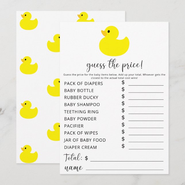 Yellow Rubber Duck - Guess the price game Invitation (Front/Back)