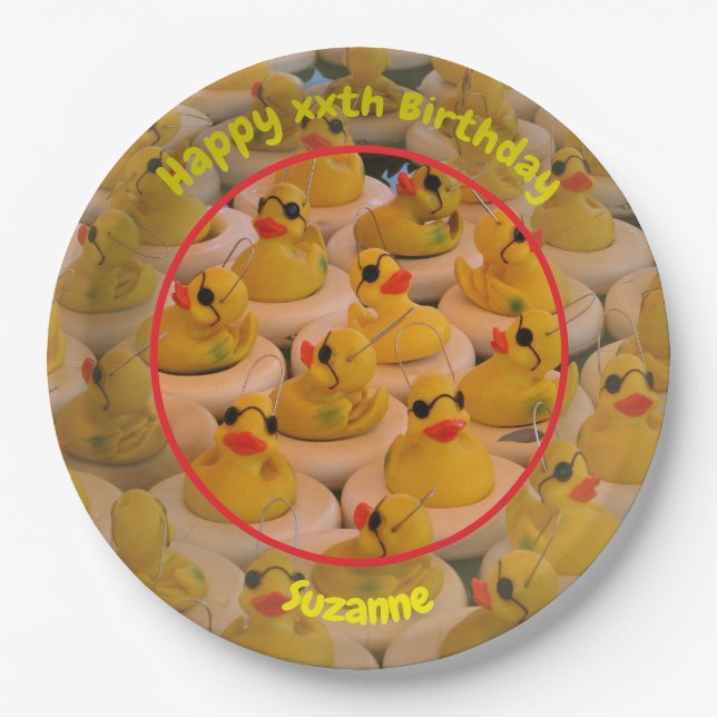 Yellow Rubber Ducks Personalized Birthday Party Paper Plate (Front)