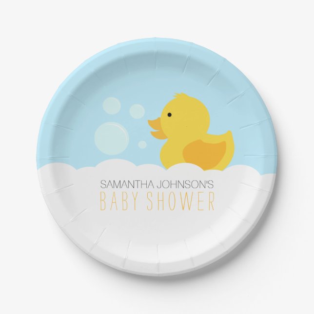 Yellow Rubber Ducky Bubble Bath Baby Shower Paper Plate (Front)