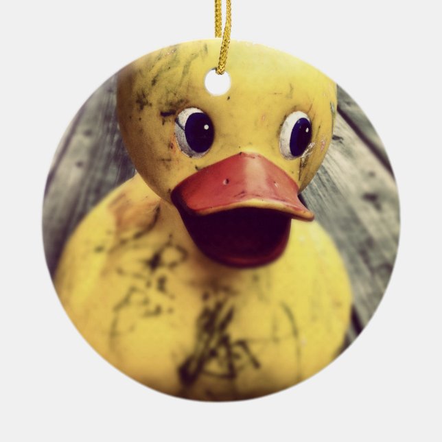 Yellow Rubber Ducky Covered in Dirt! Ceramic Ornament (Front)