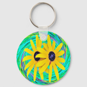 Yellow Rudbeckia Flowers on a Turquoise Swirl Keychain