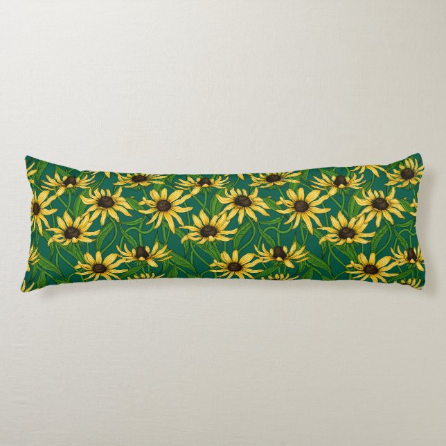 Yellow Rudbekia on dark green Body Pillow (Front)