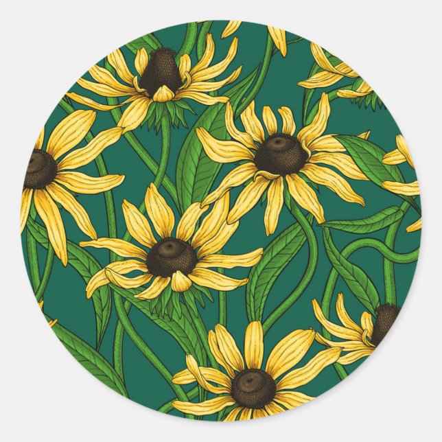 Yellow Rudbekia on dark green Classic Round Sticker (Front)
