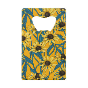 Yellow Rudbekia on dark green Credit Card Bottle Opener