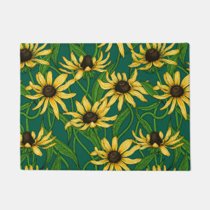 Yellow Rudbekia on dark green Doormat
