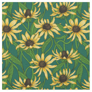 Yellow Rudbekia on dark green Fabric